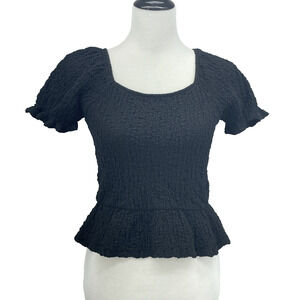 Almost Famous Juniors L Black Ribbed Short Puff Sleeve Crop Top Baby Doll Witchy